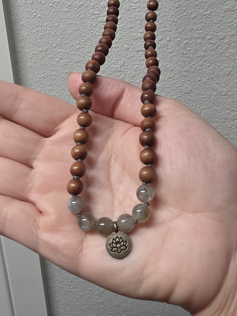 Wood & Labradorite Lotus Mala